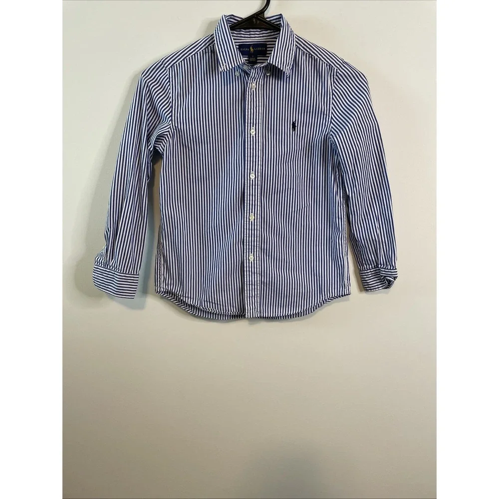 Ralph Lauren Polo Boys Size 7 Blue White Striped Button Down Shirt